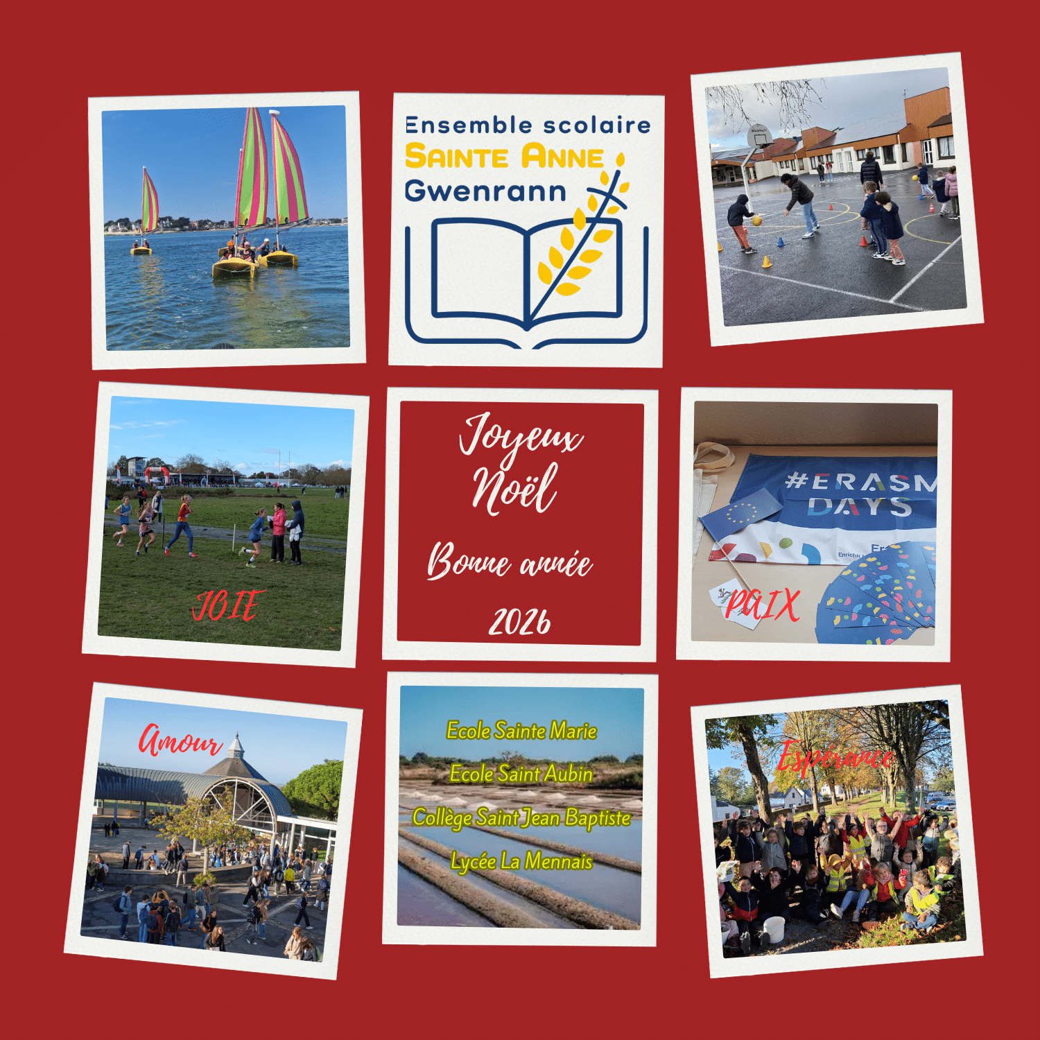 Carte Voeux Collage Photos Famille Message Joyeux Noël Minimaliste Rouge Blanc (1) (2)